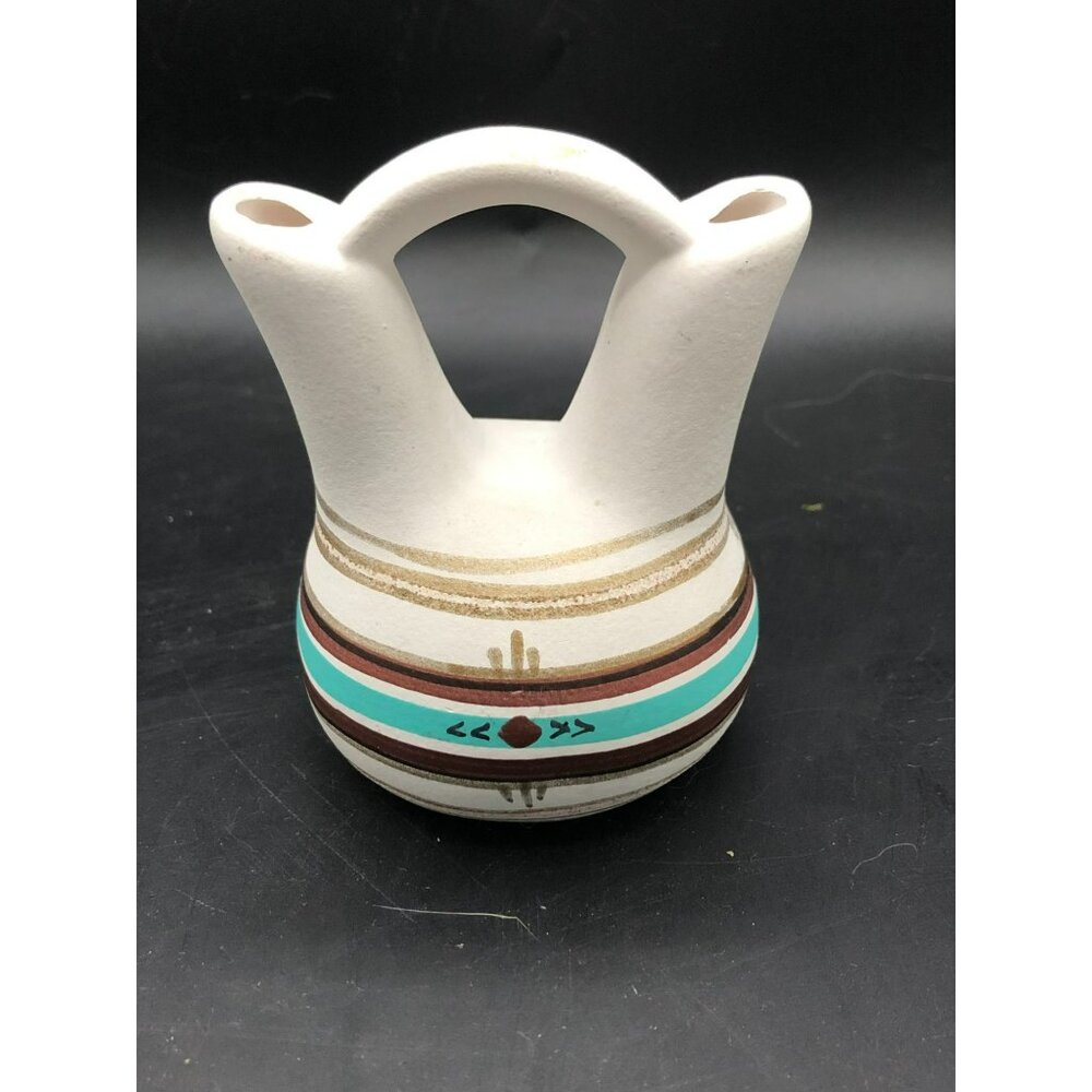 Vtg TESA Hand Painted Clay Pottery Wedding Vase Navajo Signed INM Diné Southwest